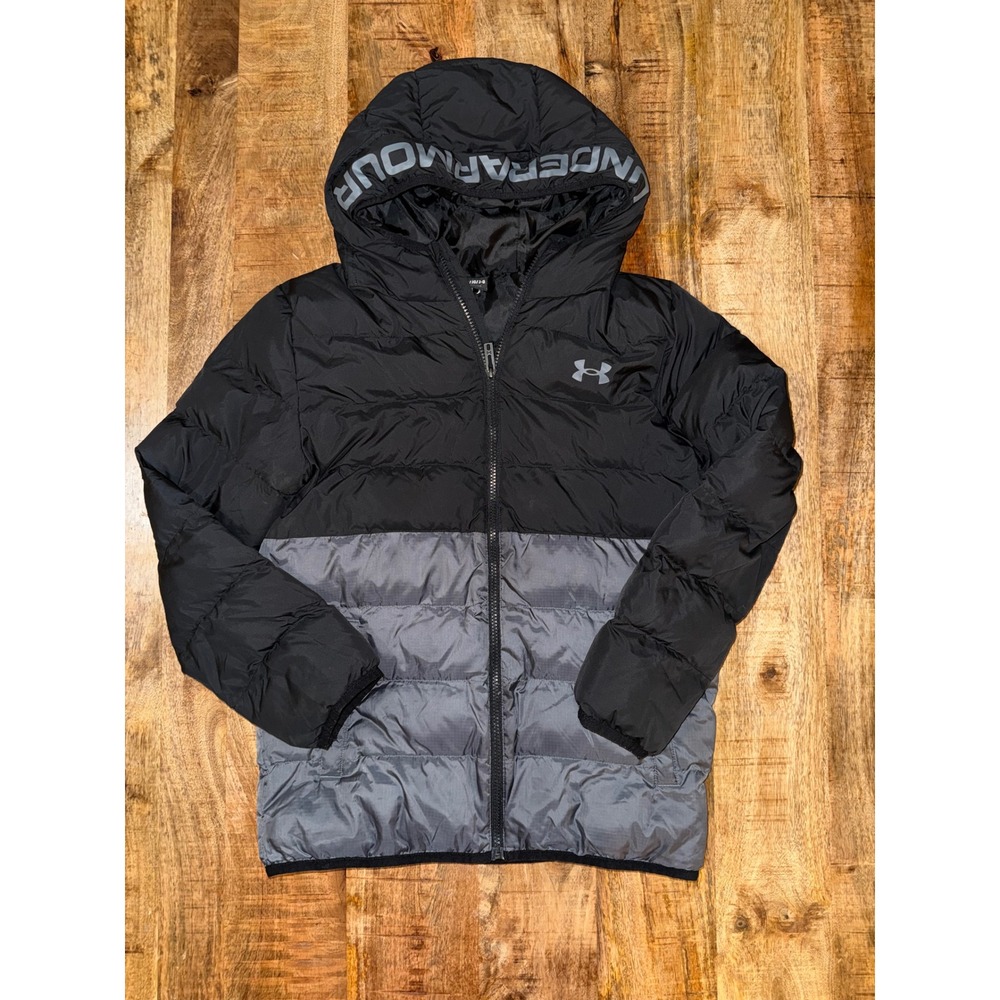 Under Armour Kids Black Gray Colorblock Puffer Jacket Hooded Full Zip YLG Large